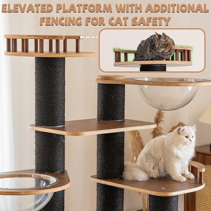 70.8'' Tall Luxury Cat Tree,All i,ne One Black Walnut Wood Modern Cat Tower for Indoor Large,Huge Multi-Level Cat Furniture with Scratching Posts,Condo,Cushion,Clear Bowl,Platform for Home Decoration-Mewly Pet