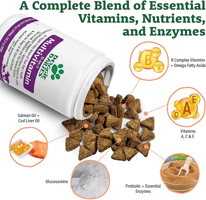 Doggie Dailies 5 in 1 Multivitamin for Dogs, Dog Multivitamin for Skin and Coat Health, Joint Health, Improved Digestion, Antioxidants, Support a Healthy Immune System (Peanut Butter) 225 Soft Chews-Mewly Pet
