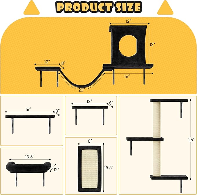 NUNU LAB Wall Mounted Cat Furniture, 6 Pcs Cat Wall Shelves with Condo House, Bridge, Steps, Scratcher, Hammock, Indoor Safe & Stable Furniture for Kittens Play, Black-Mewly Pet