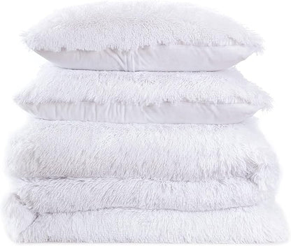 King Luxury Faux Fur Comforter Set - Soft & Breathable 7-Piece Bedding Collection - 1 Comforter, 1 Fitted Sheet, 1 Flat, 2 Pillowcases, 2 Pillow Shams - Deep Pocket - Premium Quality, White