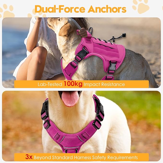Heavy-Duty Tactical Dog Harness for Large Dogs, No Pull Adjustable Reflective Pet Vest with Molle System, K9 Military-Grade Control for Service Training, Outdoor & 10+ Breeds, Pink, X-Large-Mewly Pet