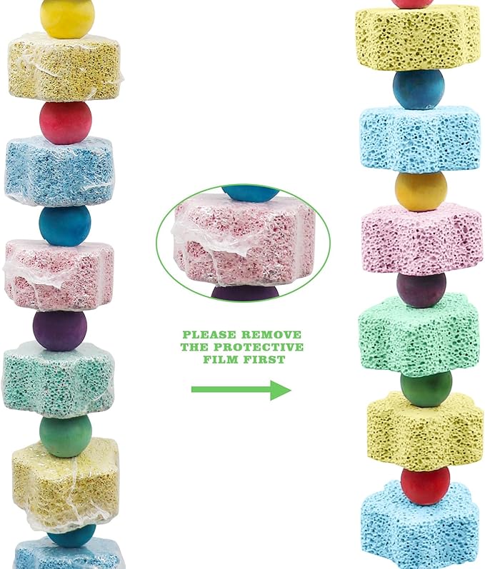 2 Pack Mineral Block Chew Toys with Colorful Beads and a Bell, Bird Beak Grinding Stone, Cage Accessories for African Grey, Budgies, Cockatiels, Small to Medium Birds-Mewly Pet