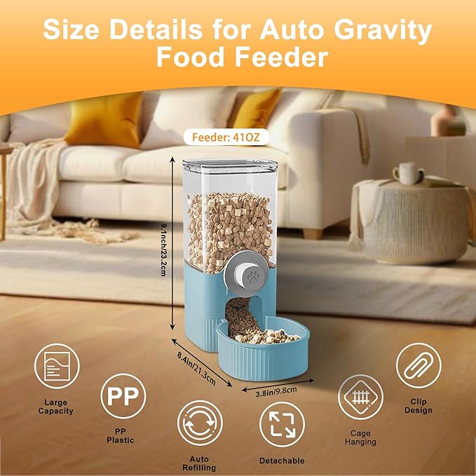 Auto Gravity Food Dispenser for Cage Hanging, 41OZ Capacity Hanging Automatic Pet Cage Feeder, Food Bowl for Cats Dogs Rabbit Ferret Chinchilla Bird Hedgehog Guinea Pig (Blue)-Mewly Pet