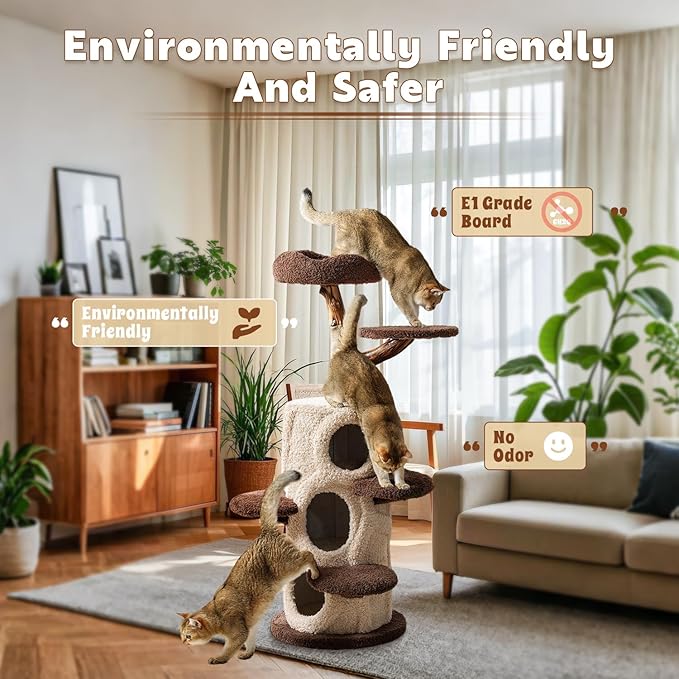 Luxury Treehouse Cat Tree for Indoor Large Cats,54.7'' Tall Modern Wood Cat Tower with 3 Level House,4*Cozy Perch,1*Soft Viewing Bed,Heavy Duty Wide Base,Sisal Scratching Post (54.7inch)-Mewly Pet
