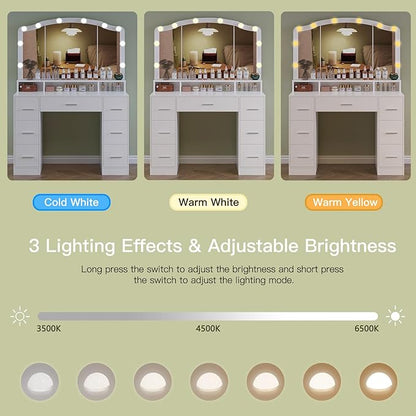 usikey 43.3" Vanity Desk with Large Lighted Mirror, Makeup Vanity Table with 7 Drawers & 10 Lights Bulbs, 3 Lighting Colors, Make Vanity Desk, Vanity Table for Women Girls, White