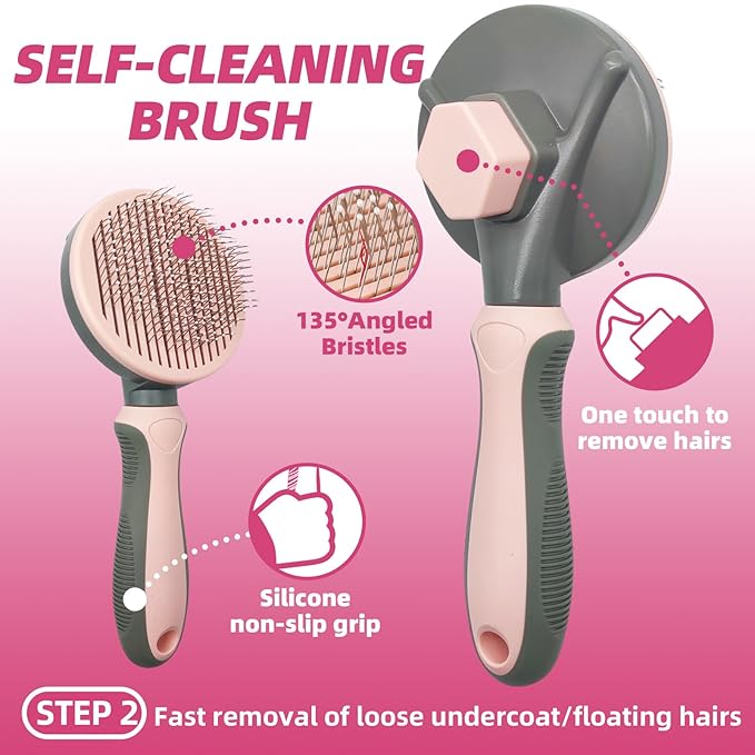 Pet Grooming Kit - 7 PCS Deshedding Brush Set with Slicker, Undercoat Rake, Bath Brush & Nail Clipper for Short & Long Haired Dogs, Cats (Pink)-Mewly Pet