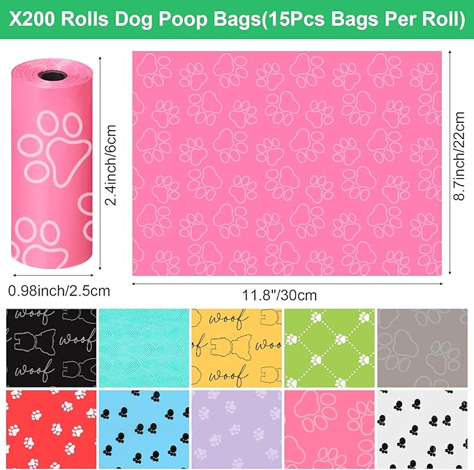 Thenshop 3000 Counts 200 Rolls Dog Poop Bag Plastic Dog Waste Bags Disposable For Doggie Pets Poop Outdoor Walking Travel Mixed Colors(Lovely Style)-Mewly Pet