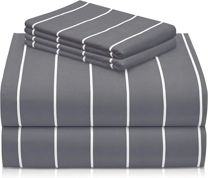 LuxClub 4 PC King Size Sheet Set Bed Sheets, Breathable Luxury Deep Pockets Wrinkle Free Cooling Sheets Machine Washable Hotel Bedding (King, Striped Light Grey)