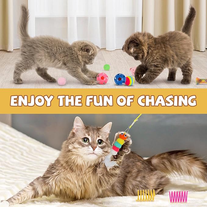 Kitten Toys - 38PCS Cat Play Set, Sparkle Balls, Plush Pom Pom Balls, Hanging Door Toy, Gift Box Styles-Mewly Pet