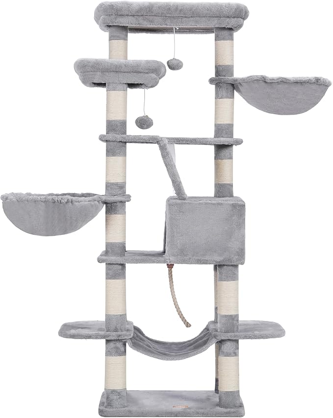 Heybly Cat Tree, 68 inch Multi-Level Cat Tower for Indoor Cats, 2 Widened Plush Perches Cat Condo with Scratching Board and Big Caves, Light Gray HCT025W-Mewly Pet