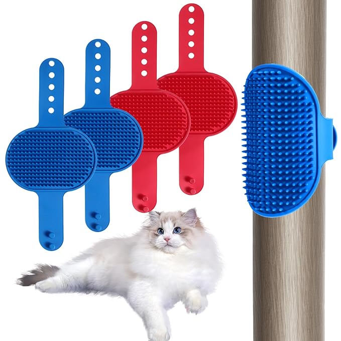 4Pcs Silicone Cat Grooming Brush Set, Multi-Functional Cat Self Groomer for Indoor Cats, Wall Mounted Face Scratchers, Grooming Strap Pad for Sofa & Chair Legs (Blue, Red)-Mewly Pet