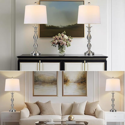 28" Tall Modern Table Lamps Set of 2 with USB A+C Ports and AC Outlet, 3 Way Touch Metal Bedside Lamps for Bedroom, Silver Farmhouse Nightstand Lamps for Living Room