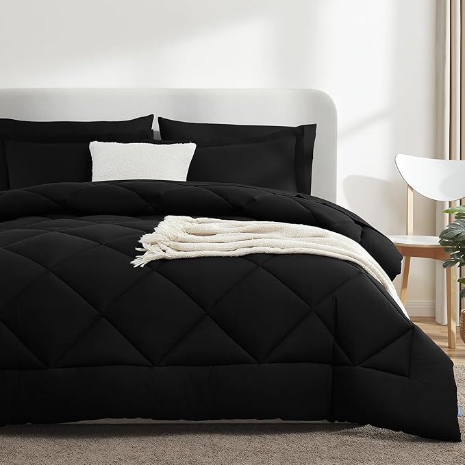 CozyLux Oversized Queen Comforter Set Black - 7 Pieces Bed in a Bag Comforter Set with Sheets, Luxury Soft Bed Set All Seasons, Bedding Set with Down Alternative Comforter, Sheets, Pillowcases & Shams