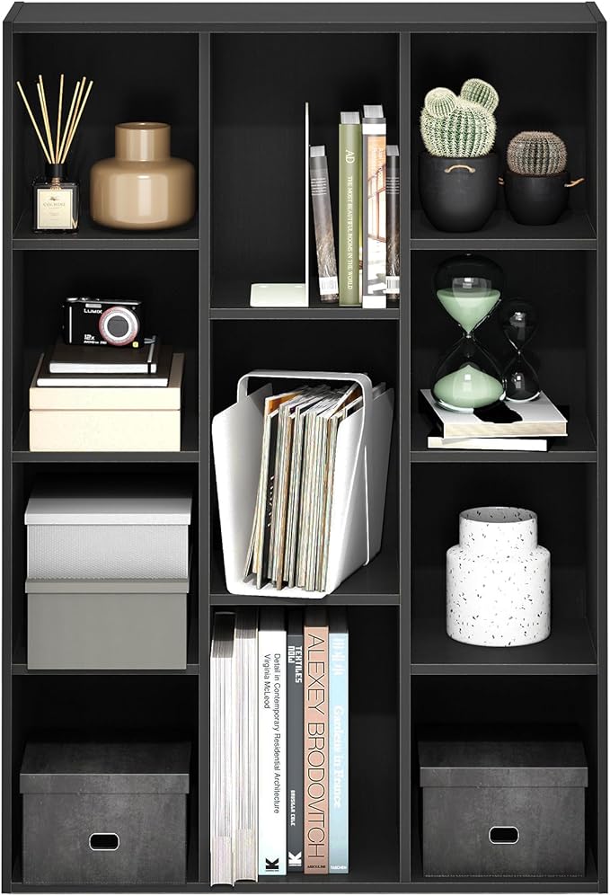 Furinno LUDER Book Shelf, 11-Cube Bookshelf, Reversible Bookcase, 9.4" x 29.1" x 41.7", for Living Room, Bedroom, Home Office, Blackwood