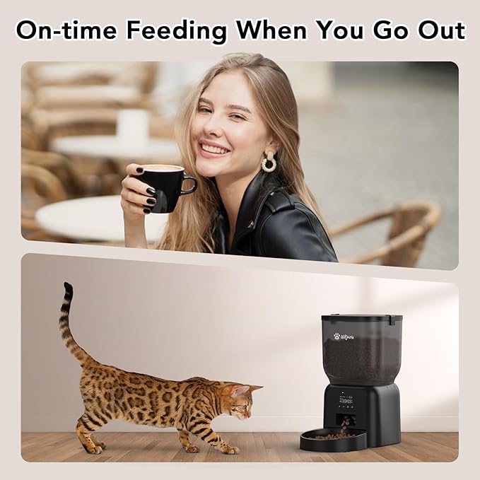 Automatic Dog & Cat Feeder with Freshness Preservation, 4L Timed Cat Feeder with LCD Screen.Up to 6 Meals Per Day and 1-15 Portion for Cats & Dog (Black)-Mewly Pet