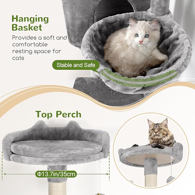 Globlazer Cat Tree, 70 inch Tall Scratching Tower Multi-Level Cat Condo for Indoor Multiple Cats with 2 Large Cat Caves, Top Perch, Large Platform, Bottom Swing, F70B, Light Grey-Mewly Pet