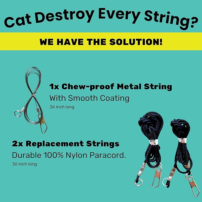 Replacement Strings for Cat Wand Toy - 3-Pieces - Chew-Proof Metal String Wire and 2 Durable Paracord Strings - Heavy Chewers Pack Cat Wand Toy Refill Strings (9 Replacement Strings)-Mewly Pet