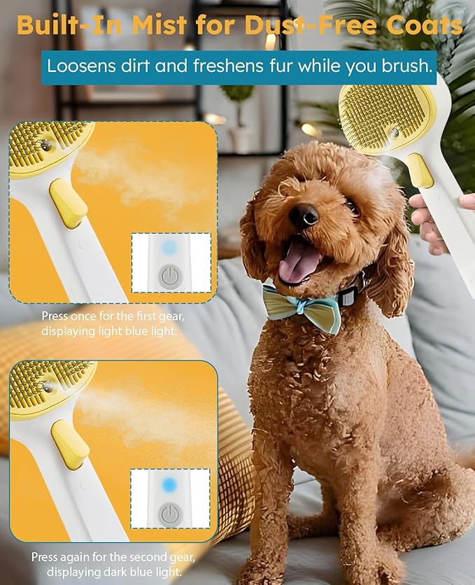 FURGO 3-in-1 Pet Steam Brush for Dogs & Cats – Reduces Static, Replaceable Heads, One-Touch Hair Ejection, Dog Spray Brush for Shedding Control(Long&Short)-Mewly Pet