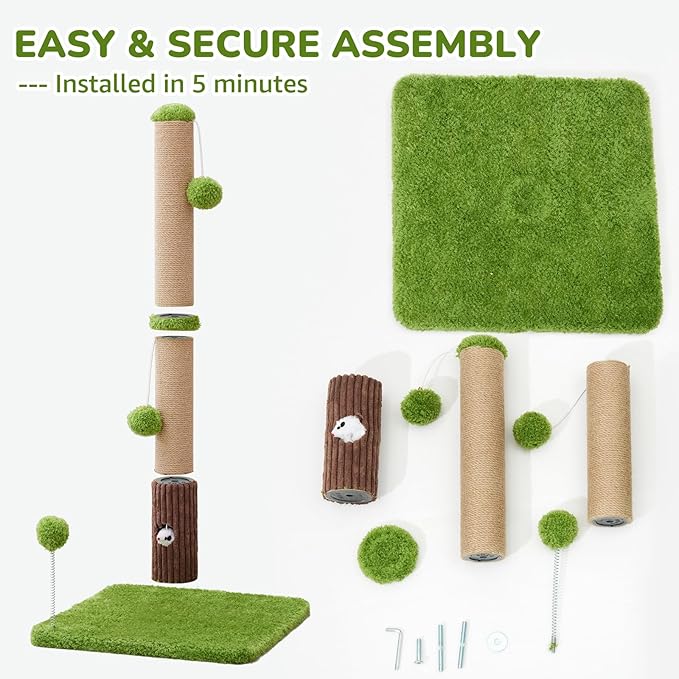 33" Tall Cat Scratching Post for Indoor Cats, Premium Sisal Scratch Posts with Cat Toys and Fun Mouse Holer for Cats at All Ages, Scratcher Tree with Reinforced Stable Base (Green)-Mewly Pet