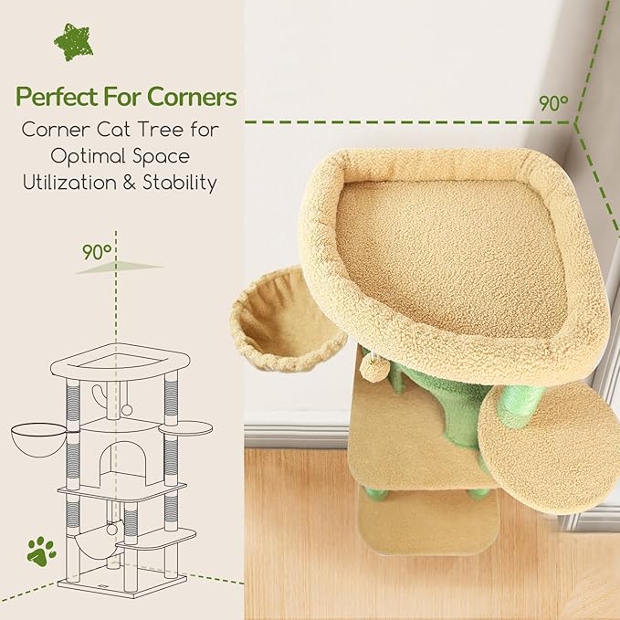 Globlazer Cactus Corner Cat Tree Tower with Scratching Post for Indoor Cats, 51in Multi-Level Cat Condo Tower with Large Hammock, Fan-Shaped Padded Perch, Spacious Cat Cave, Hanging Basket, C51, Green-Mewly Pet