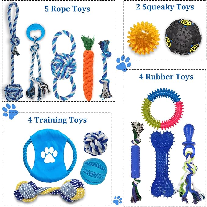 Dog Toys 15 Pack for Teeth Cleaning and Fun, Puppy Teething Chew Toys Interactive Rope Squeaky Treat Balls & Rubber Tous Bulk– Variety Dog Gifts Set Reduce Anxiety & Save Furniture-Mewly Pet