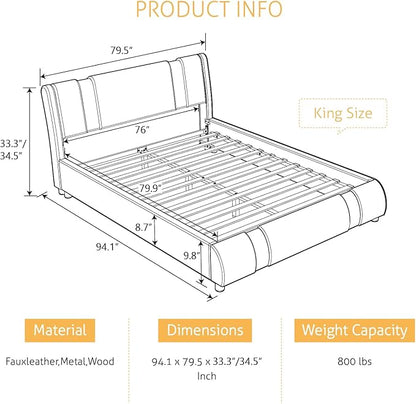 SHA CERLIN King Size Bed Frame with Iron Pieces Decor and Adjustable Headboard/Deluxe Upholstered Modern Platform Bed with Solid Wooden Slats Support/No Box Spring Needed, White