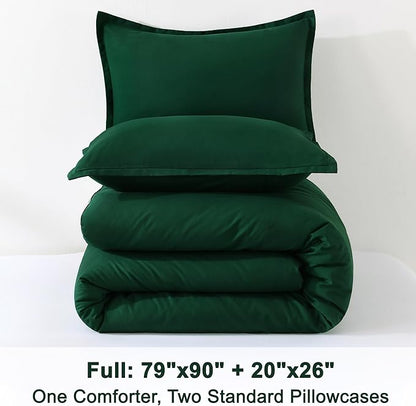 Litanika Dark Emerald Green Full Comforter Set, 3 Pieces Solid Forest Bedding Set, All Season Fluffy Bed Set (79x90In Comforter & 2 Pillowcases)