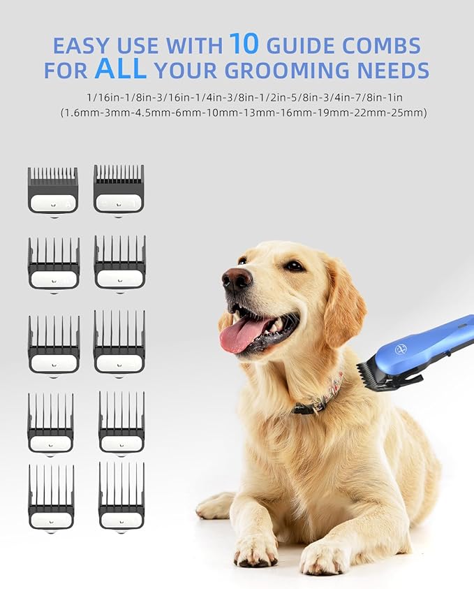 Professional Dog Grooming Clippers Kit, 24V High Power for Thick Coats, Quiet Dog Clippers with 10 Metal Guard Combs & Brush, Ideal Dog Hair Remover for Cats and Pets-Mewly Pet