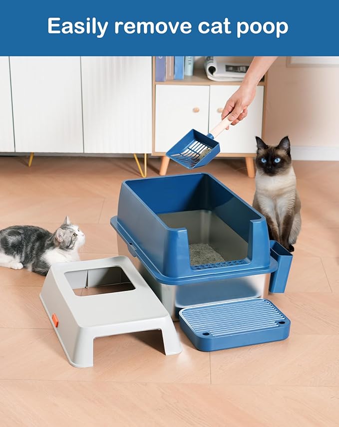 XL Stainless Steel Enclosed Litter Box with Covered for Indoor Cats, High Sides, Eliminates Odors, Easy Clean, Blue, FOXORU-Mewly Pet