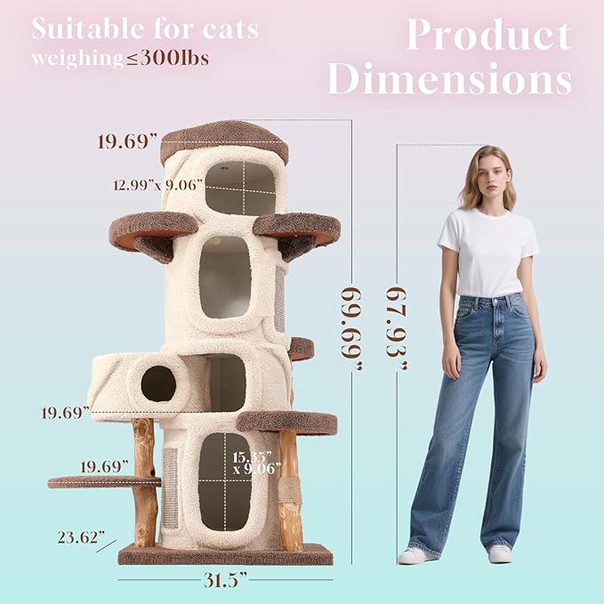 70" Heavy Duty Cat Tree for Large Cats with Toys, All-in-One Cat Tower with Cat Perch, Tall Cat Tower with Scratching Post, Brown Modern Cat House-Mewly Pet