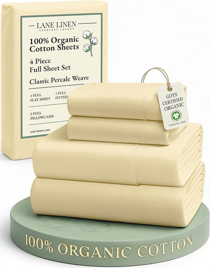 LANE LINEN 100% Organic Cotton Full Size Bed Sheets, Sustainably Produced Okeo Tex Certified Cotton Sheets Full, Luxury Hotel Percale Soft & Comfy Comes in Variety of Colors- Vanilla
