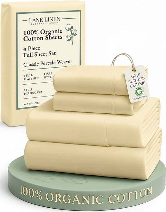 LANE LINEN 100% Organic Cotton Full Size Bed Sheets, Sustainably Produced Okeo Tex Certified Cotton Sheets Full, Luxury Hotel Percale Soft & Comfy Comes in Variety of Colors- Vanilla