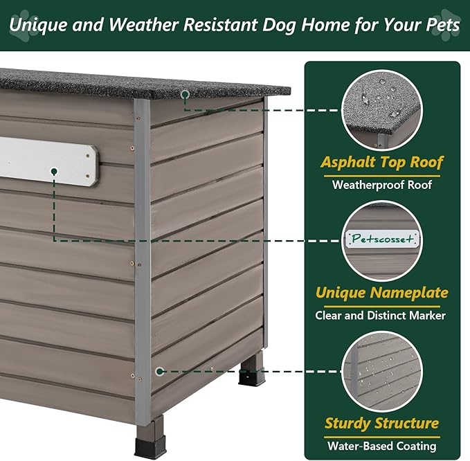 43.3" L Dog House Outdoor for Large Breeds Dogs Anti Chewing Iron Frames Dog Kennel Wooden Pet Houses for Indoor Outdoor with Weatherproof Roof,6 Elevated Feet, Reinforced Bottom Support-Mewly Pet