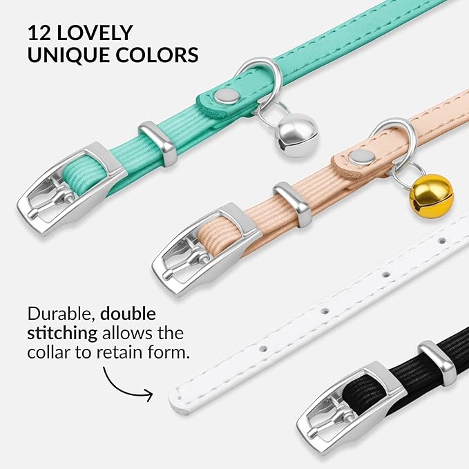 CollarDirect Leather Cat Collar with Bell - Kitten Collar, Small and Big Cat Collar for Boy Cats, Girl Cats with Safety Elastic Strap (Neck Fit 6"-7", White)-Mewly Pet