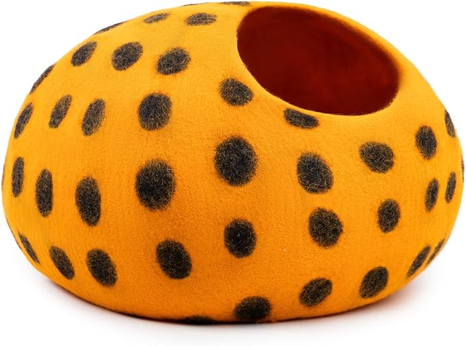 Woolygon Premium Felt Cat Cave Bed - Polka Dot Series - Wool Kitty Beds Handcrafted Kitten Caves Bed for Indoor Cats - Eco-Friendly Merino Wool, Foldable Cat Hideaway Cat Houses (Orange/Black Dots)-Mewly Pet