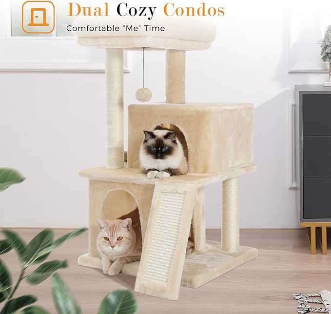 PAWZ Road Cat Tree Luxury Cat Tower with Double Condos, Spacious Perch, Fully Wrapped Scratching Sisal Posts and Replaceable Dangling Balls Beige-Mewly Pet