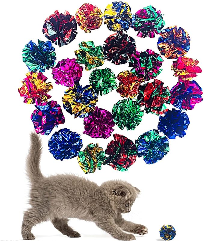 PET SHOW 20 Pcs Cat Crinkle Toy Ball 2.5inch Mylar Cat Pounce Chase Toys Colorful Paper Ball Chase Training Activity for Cats Kittens-Mewly Pet