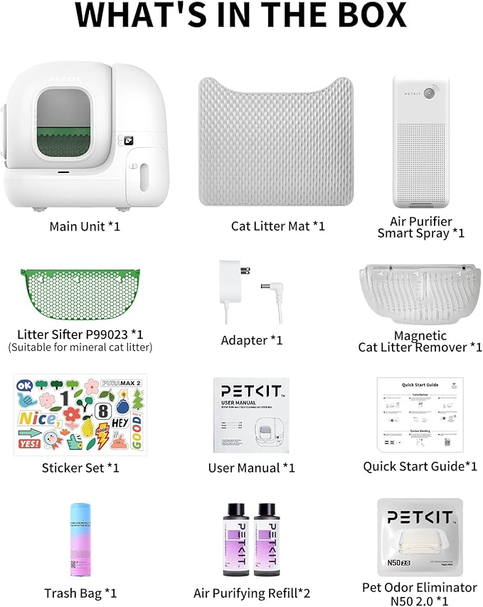 PETKIT PuraMax 2 Automatic Self Cleaning Litter Box, Anti-Leakage Multi-Cat Compatible Smart Cats Litter Box, Safety Sensors App Control Include Triple Odor Removal Litter Mat Trash Bags-Mewly Pet