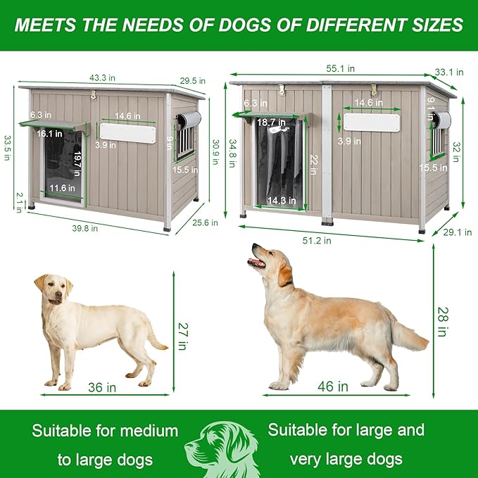 Dog House Outdoor Weatherproof & Wooden Dog Kennel with Chew-Proof Iron Frame，Removable Floor, Adjustable Vent Window, Easy Assembly for Large and Medium Dogs 43.3" D x 29.5" W x 33.5" H-Mewly Pet