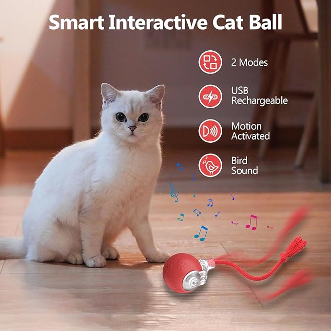 Interactive Cat Toys, Automatic Moving Cat Toys for Bored Indoor Adult Cats, Fast Rolling, Chirping & Motion-Activated Kitty Toys, Fun Gift for Cats with Speedy Tail 2.0, USB Rechargeable,Red-Mewly Pet