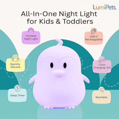 Lumipets Remote Control Silicone Night Light for Kids - Penguin Design with 9 Soft Colors & Sleep Timer - Rechargeable, Battery-Operated Lamp for Bedroom | Baby Nursery, Toddler, Girls, Boys