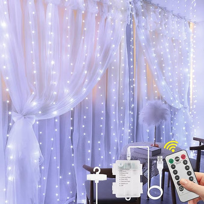Vicloon Fairy Curtain Lights,300 LED White Curtain Lights,8 Modes 9.8×9.8Ft Waterproof Window Curtain String Light USB&Battery Powered with Remote Control,String Lights Curtain for Indoor,Outdoor