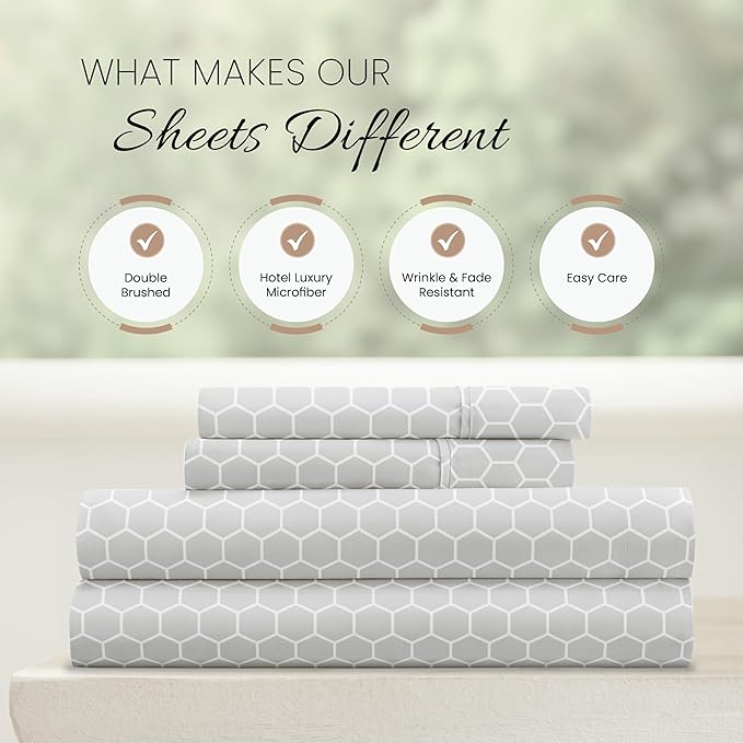 Linen Market Double-Brushed Patterned Microfiber Full Sheet Set 4 Piece – Oeko-TEX Certified Ultra Soft & Wrinkle-Free - 16" Deep Pocket Sheets - Easy Care Full Size - Honeycomb Light Gray