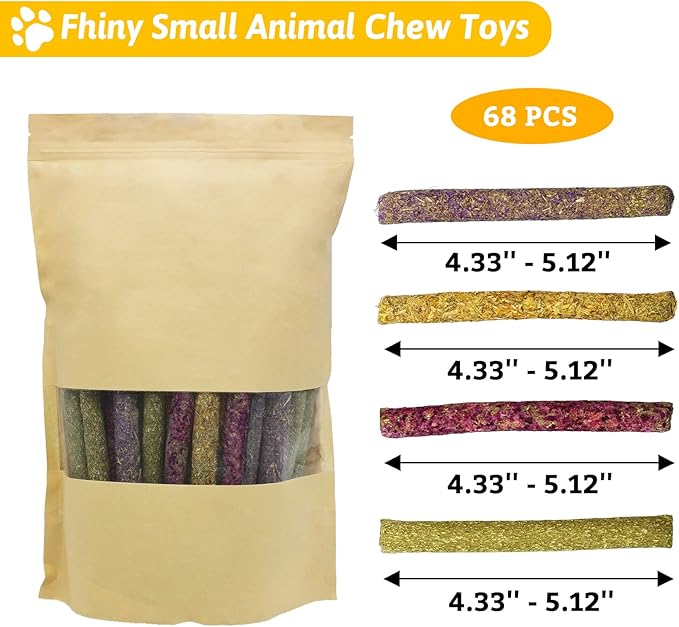 Fhiny 68 PCS Rabbit Chew Sticks, Natural Petals Timothy Hay Sticks Guinea Pig Chewing Toys for Teeth Small Animals Molar Snacks for Bunny Guinea Pig Chinchilla Hamster-Mewly Pet