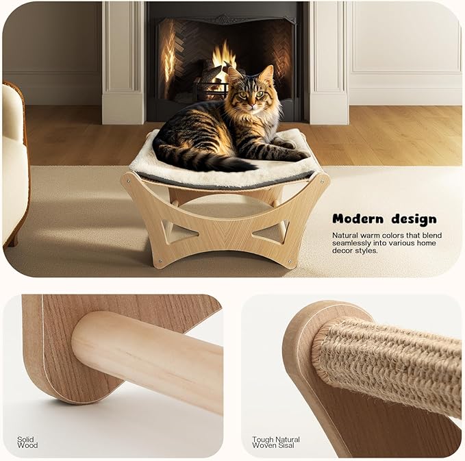 Cat Hammock Bed, Wooden Elevated Cat Beds with Natural Sisal Scratching Mat, Cats Scratcher Bed with Removable Soft Cushion, Cats Scratching Beds with Wood Frames, 22" L x 17.7" W-Mewly Pet