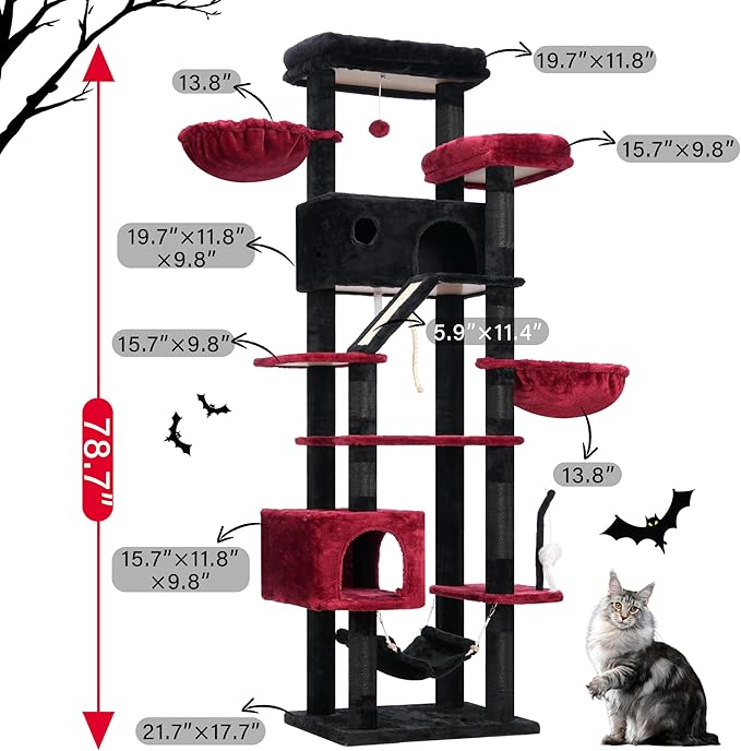 Gothic Cat Tree for Large Cats, 78.7"(200cm) Tall Cat Tower for Indoor Cats Multiple Cats with Large Top Perch, Cat Condo, Cat Hammcok, Cat Scratching Post, Black and Red GCT031BR-Mewly Pet