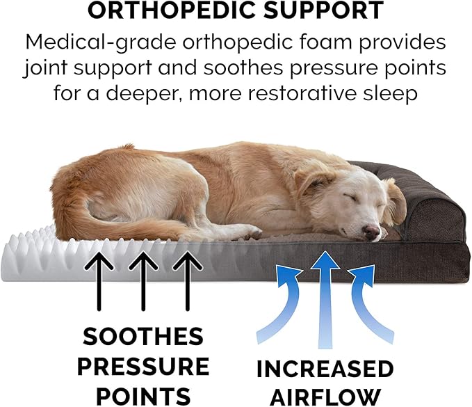Furhaven Orthopedic Dog Bed for Large Dogs w/ Removable Bolsters & Washable Cover, For Dogs Up to 95 lbs - Sherpa & Chenille Sofa - Coffee, Jumbo/XL-Mewly Pet