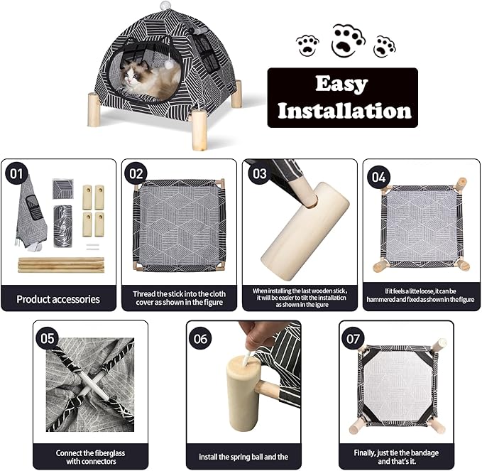 2-in-1 Elevated Cat Tent Cat House, Quick Assembly and Disassembly, Portable Indoor/Outdoor Cute Cat Bed Cave-Black Diamond Pattern-Mewly Pet