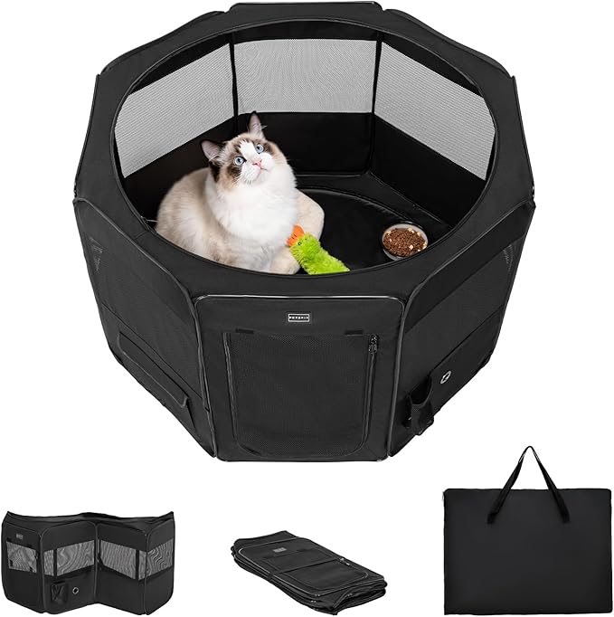 PETSFIT 29" Puppy Playpen with Removable Waterproof Mat & Zippered Roof | RV, Camping, Travel Dog Pen | Indoor/Outdoor Whelping & Cat Observation Space(29.5"x29.5"x16.5"H)-Mewly Pet