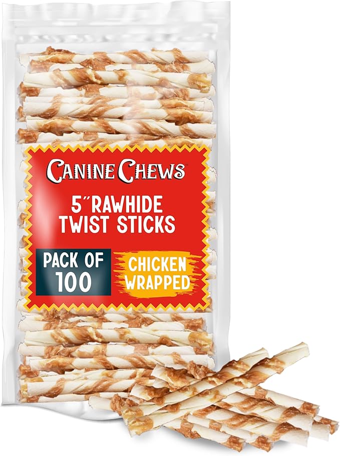 Canine Chews Chicken-Wrapped Rawhide Twists for Dogs - Pack of 100 U.S.A. Sourced Chicken Wrapped Rawhide Dog Treats, Sticks for Dogs - Premium & Natural Beefhide Chews-Mewly Pet